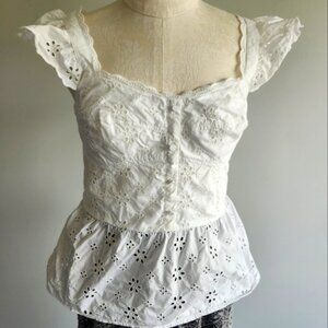 White Eyelet Corset Milkmaid Flutter Sleeve Peplum Blouse Tank Top Peasant